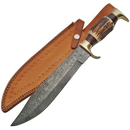 Damascus 1164 Bowie Damascus Fixed Steel Clip Point Blade Knife With Stag Bone Handle 4 Damascus 1164 Bowie Damascus Fixed Steel Clip Point Blade Knife With Stag Bone Handle - Image 2