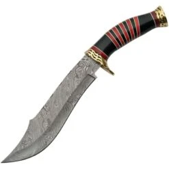 Damascus 1056 Bowie Fixed Damascus Steel Blade Knife With Round Design Black And Red Wood Handle