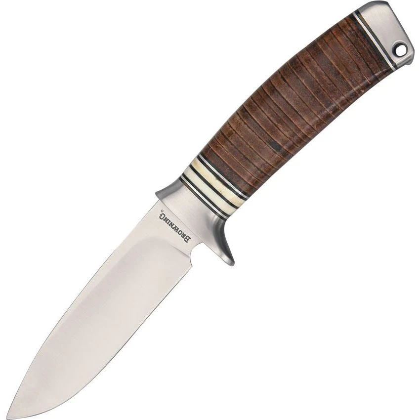 Browning 814 Fixed Drop Point Blade Knife With Brown Stacked Leather Handle 3 Browning 814 Fixed Drop Point Blade Knife With Brown Stacked Leather Handle