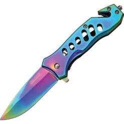 Tac Force 844 Rescue Assisted Opening Linerlock Folding Rainbow Finish Pocket Knife With Rainbow Stainless Handles