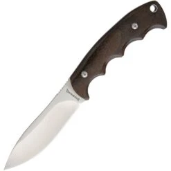 Browning 0214 Fixed Satin Finish Stainless Drop Point Blade Knife With Brown Finger Grooved Wood Handle